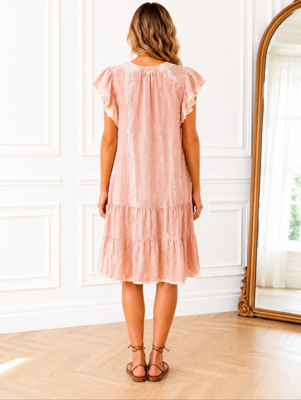Knox Rose | Blush Tie-Dye Lyocell Boho Ruffle | Dress Size XXL | Flutter Sleeve - Picture 2 of 8